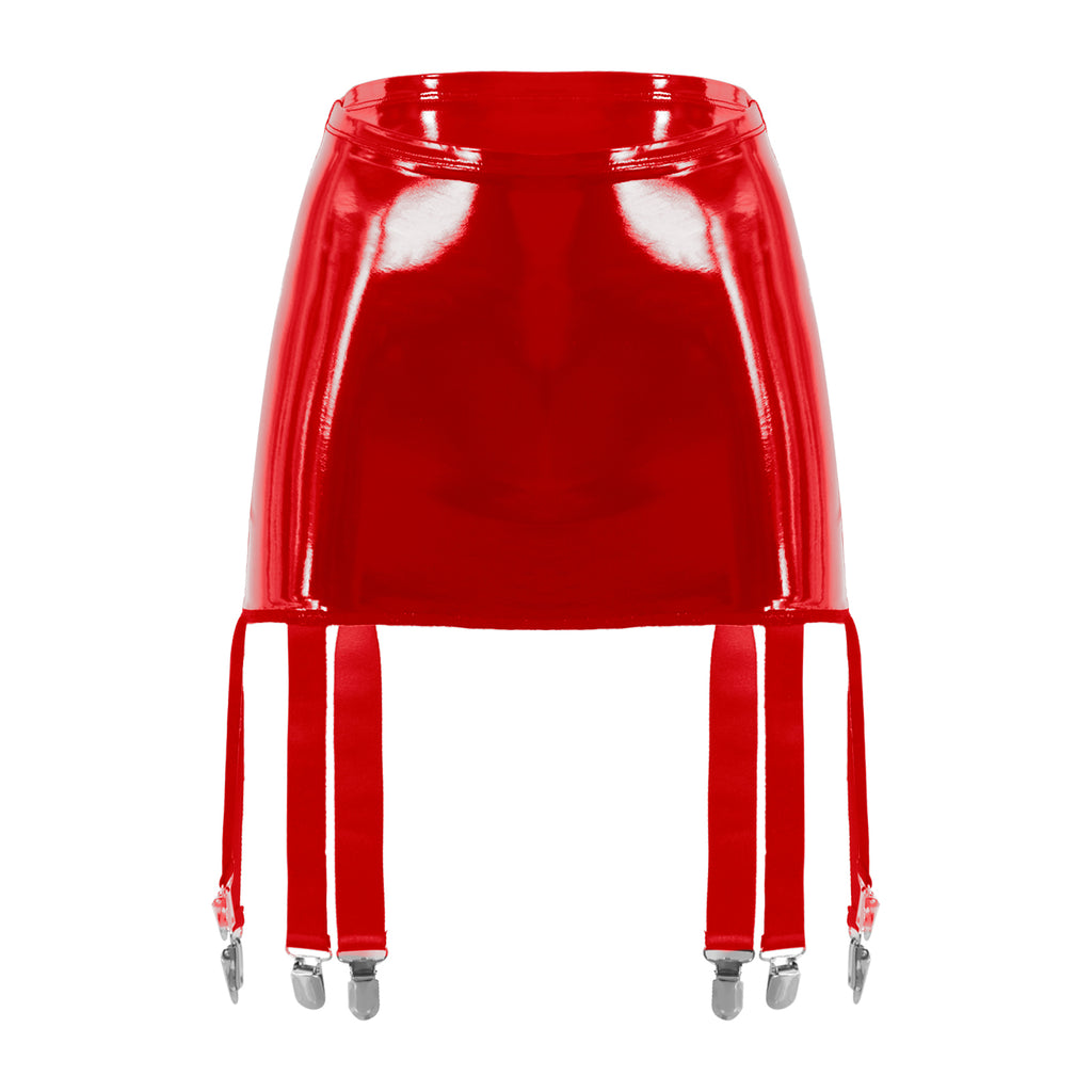 Sexy Women Wetlook PVC Leather Ruffled Skirts Party Low Waist Built-in Thongs Mini Skirt with Garter Belts Metal Clips Set Club