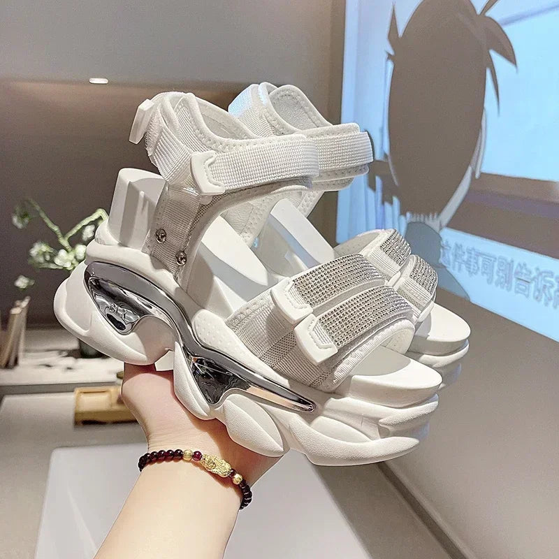 Summer High Platform Women Sandals Buckle 10CM Wedges Bling Shoes Fashion 2023 Outside Chunky Sandals Beach Casual Slides Woman