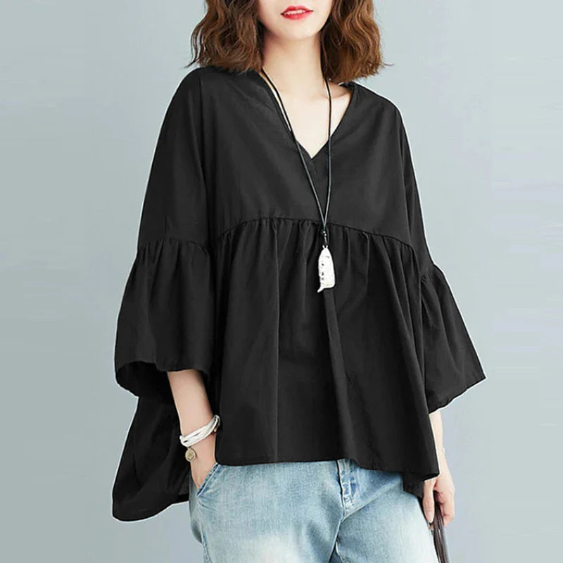ZANZEA Women Summer Flare Sleeve Tops 2025 Casual Solid Color Blouse Fashion Pleating Tunic V-neck Shirt Loose Blusas Femininas
