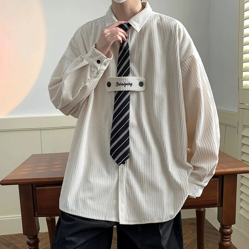 Velvet Shirt Men 2025 Autumn New Vintage Long Sleeve Casual Shirts Fashion Streetwear All-Matching Bottoming Necktie Blouses