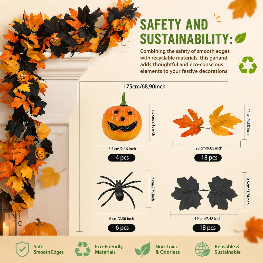 Halloween Fall Garland with Pumpkins Maple Leaves Artificial Flowers Decorative Hanging for Thanksgiving Home Fireplace Doorway