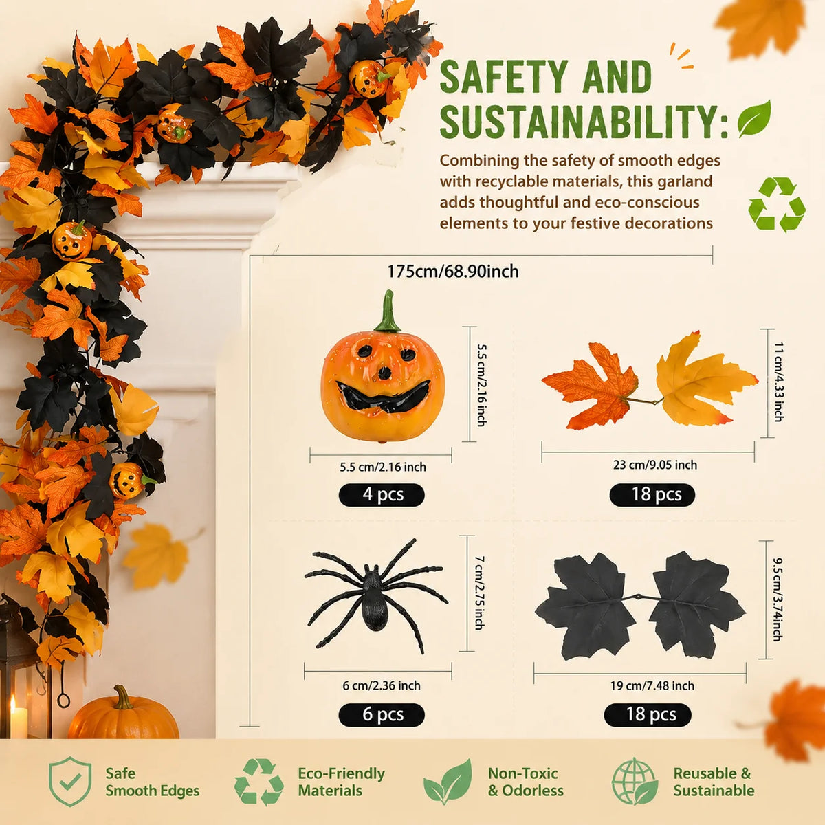 Halloween Fall Garland with Pumpkins Maple Leaves Artificial Flowers Decorative Hanging for Thanksgiving Home Fireplace Doorway