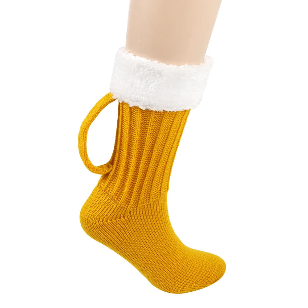 1 Pair Pack Beer Socks, Chunky Knit 3D Beer Mug Socks, Warm Winter Crew Socks, Non-Slip Floor Slipper Socks for Men Women