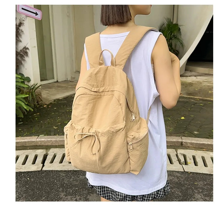 Japanese Style Student Backpack Solid Color Bow Travel School Bag Lightweight and Fashionable Women's Backpack New Simple Casual