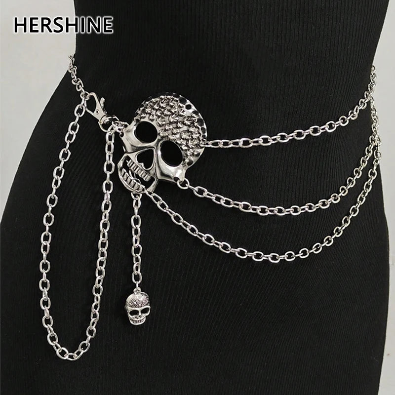 HERSHINE Women's Fashion Silver Skull Multi-Layer Waist Chain, Y2K Gothic Punk Rock Hip Hop Accessory，spring，summer