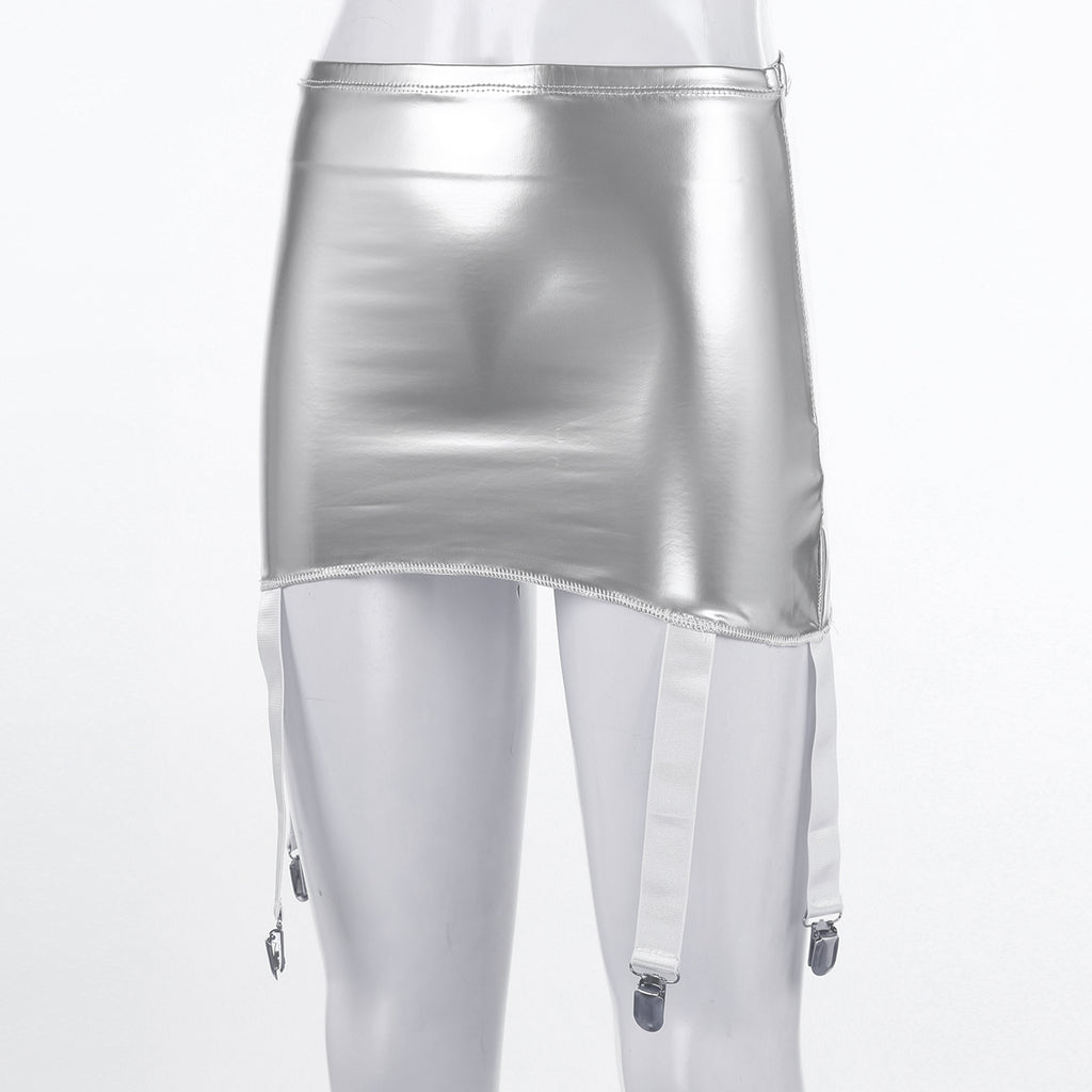 Sexy Women Wetlook PVC Leather Ruffled Skirts Party Low Waist Built-in Thongs Mini Skirt with Garter Belts Metal Clips Set Club