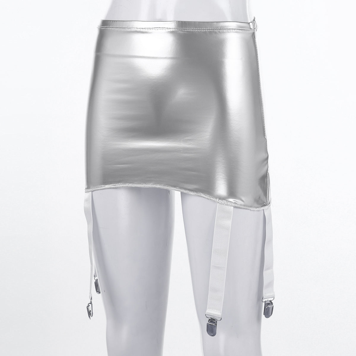 Sexy Women Wetlook PVC Leather Ruffled Skirts Party Low Waist Built-in Thongs Mini Skirt with Garter Belts Metal Clips Set Club