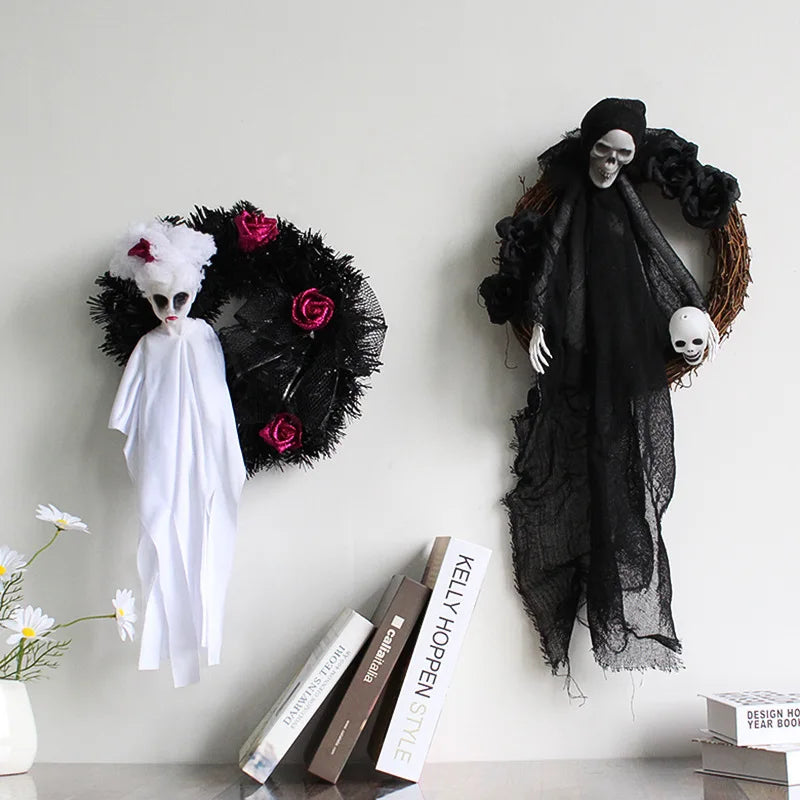 Halloween White Black Ghost Door Decorations Festival Horror Party Wreath Pendant Haunted House Decoration and Arrangement Props