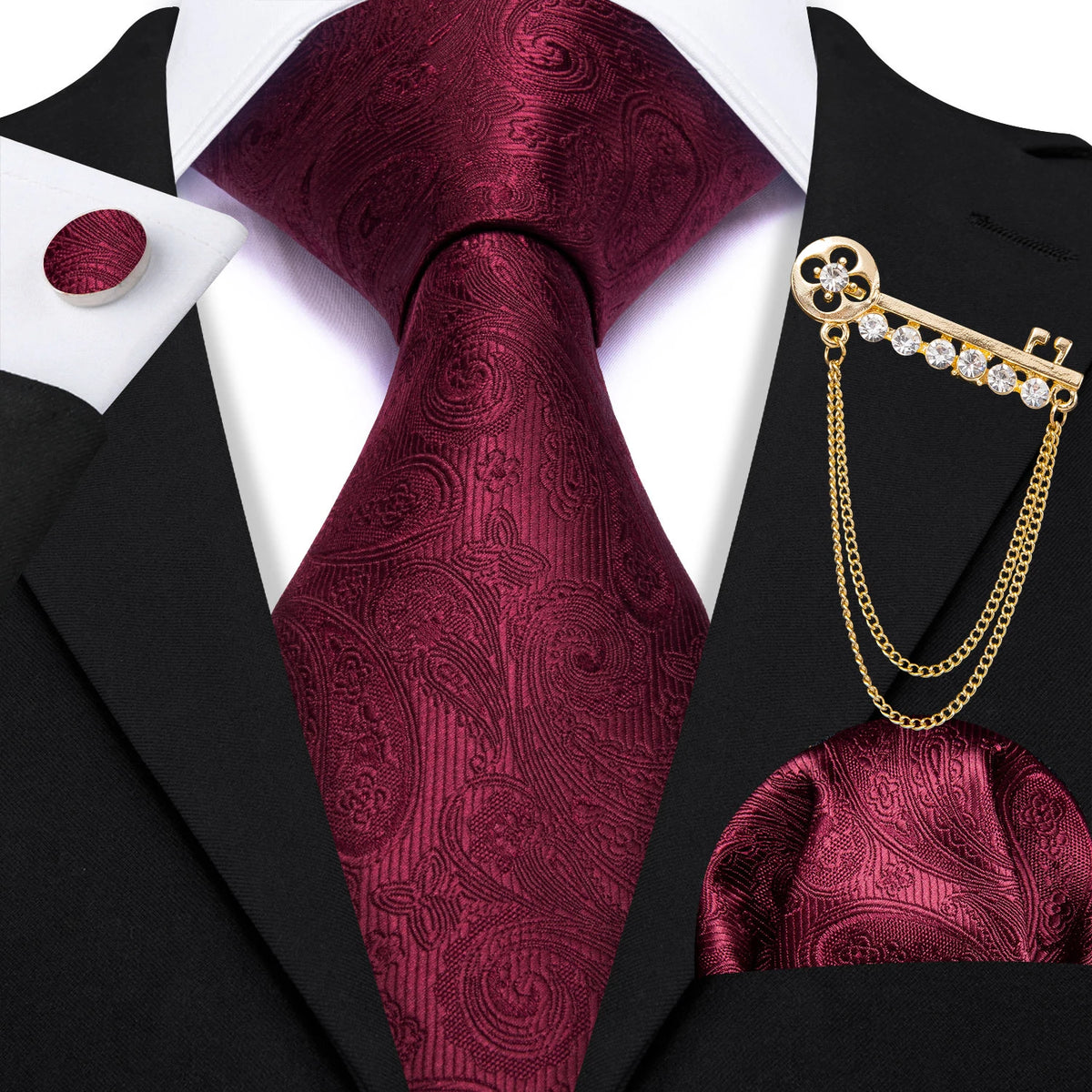 Burgundy Mens Tie Hanky Cufflinks Brooch Set Jacquard Red Wine Maroon Necktie Collar Pin For Male Wedding Events