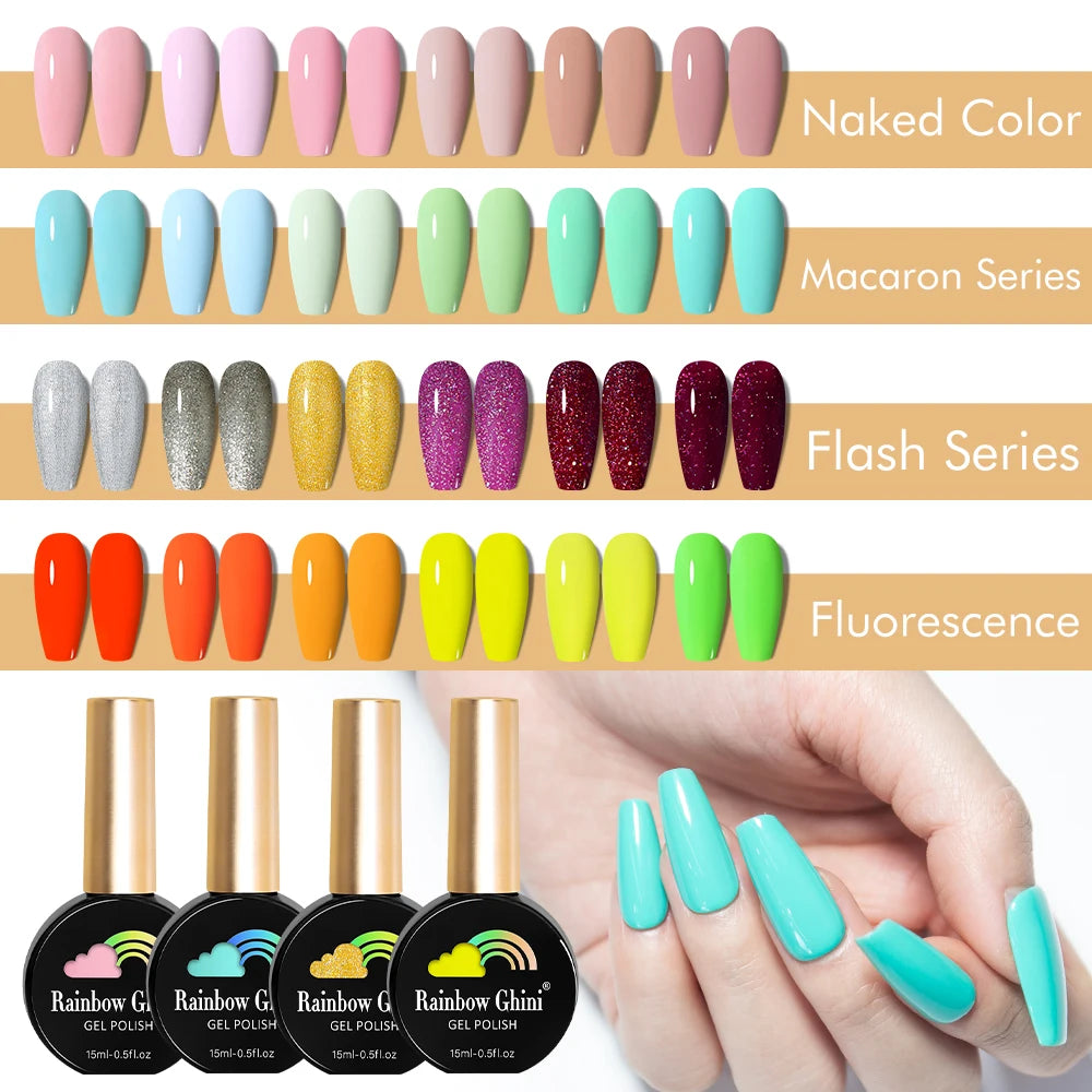 Rainbow Ghini 15ml Neon UV LED Gel Nail Polish Glitter Semi Permanent Hybrid Varnish Paints Nails Supplies for Professionals