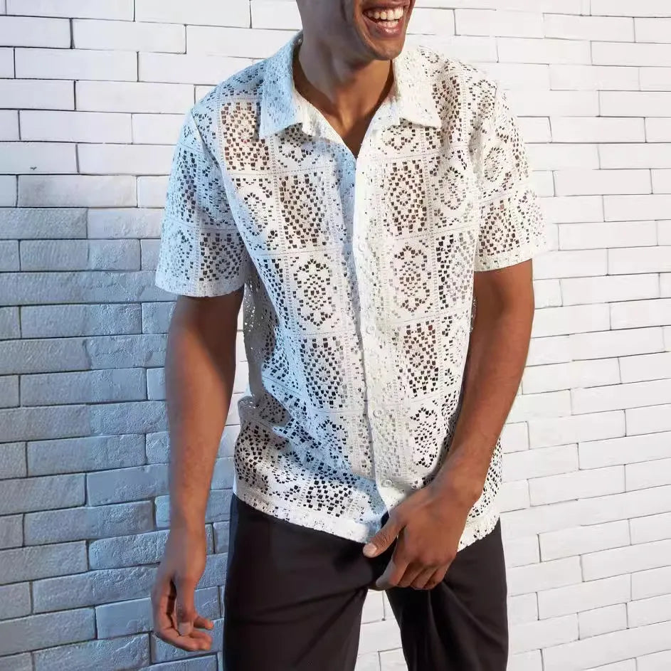 Summer Fashion Men's Lace Hollow Out Shirts Solid Breathable Casual Short-sleeved Cardigan Sexy See Through Mesh Blouse for Male