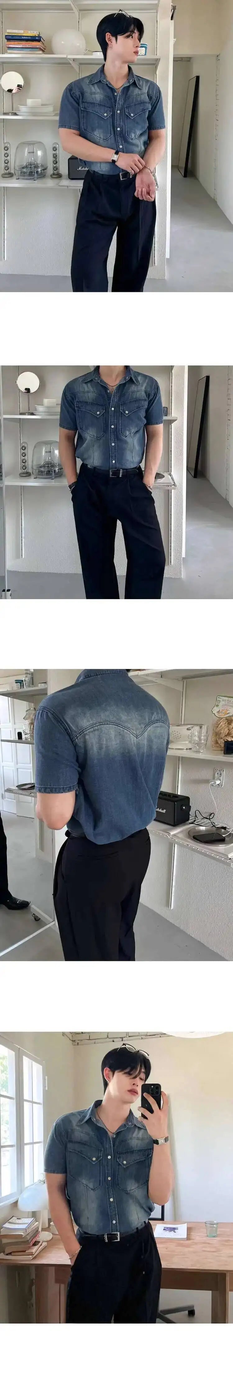IEFB Niche Design Men's Denim Shirts Turn-down Collar Single Breasted Washing Solid Color Short Sleeved Loose Male Tops 9W2513
