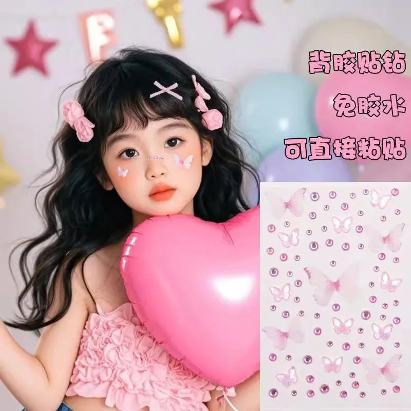 3D Cute Facial Stickers Kid Stage Makeup Self-Adhesive Butterfly Crystal Diamond Stickers Christmas Halloween Gift For Kids