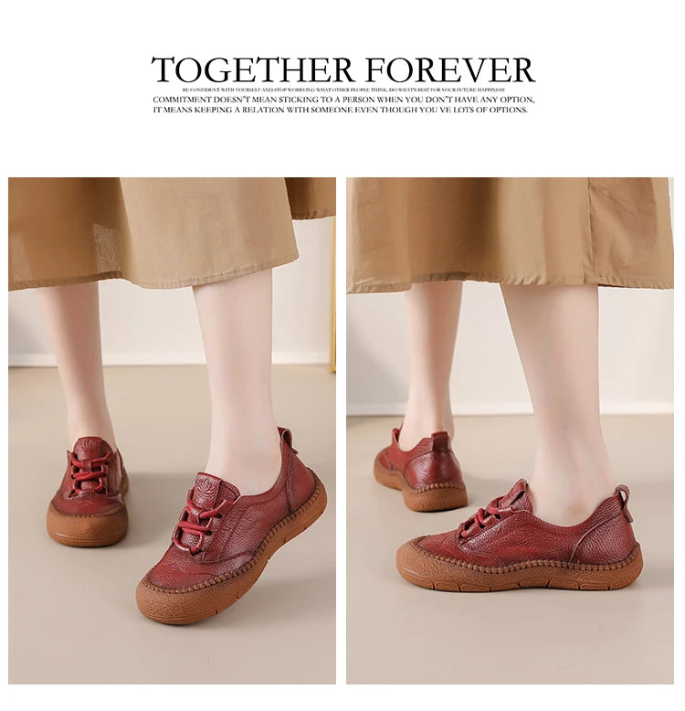 New real leather handmade shoes for women all season oxfords flats woman laced up moccasins cozy mom boat shoes round toe flats