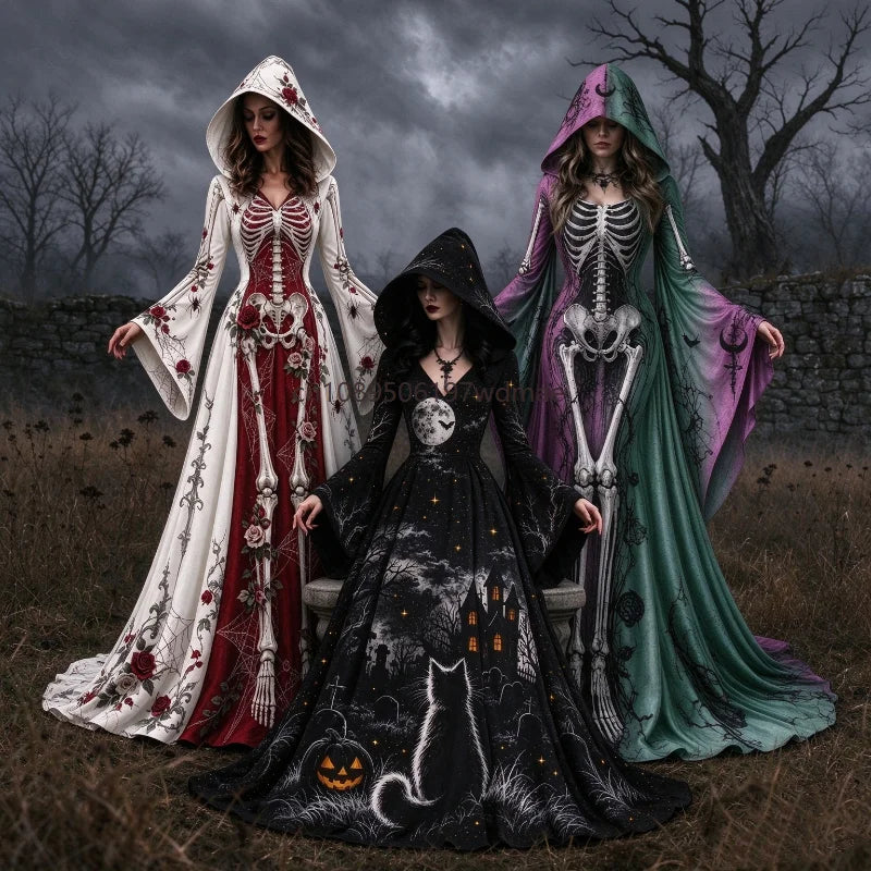 Halloween Day of The Dead Women Gothic Hooded Gown Skeleton Rose Print Flared Sleeve Dress Witch Vampire Party Cosplay Costumes