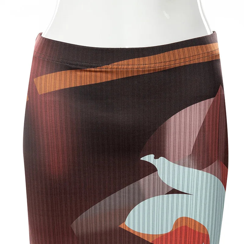 Women Vintage Art Print Ribbed Y2K Midi Skirt Elegant Bodycon Long Skirt Harajuku Wild Bottoms Harajuku Slim Fit Party Skirt