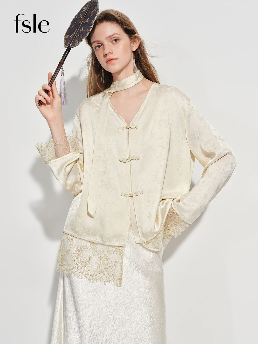 FSLE New Chinese-inspired Women's Satin Jacquard V-Neck Blazer Button Closure Acetate Fabric Sash Blouse Spring 2026 New Arrival