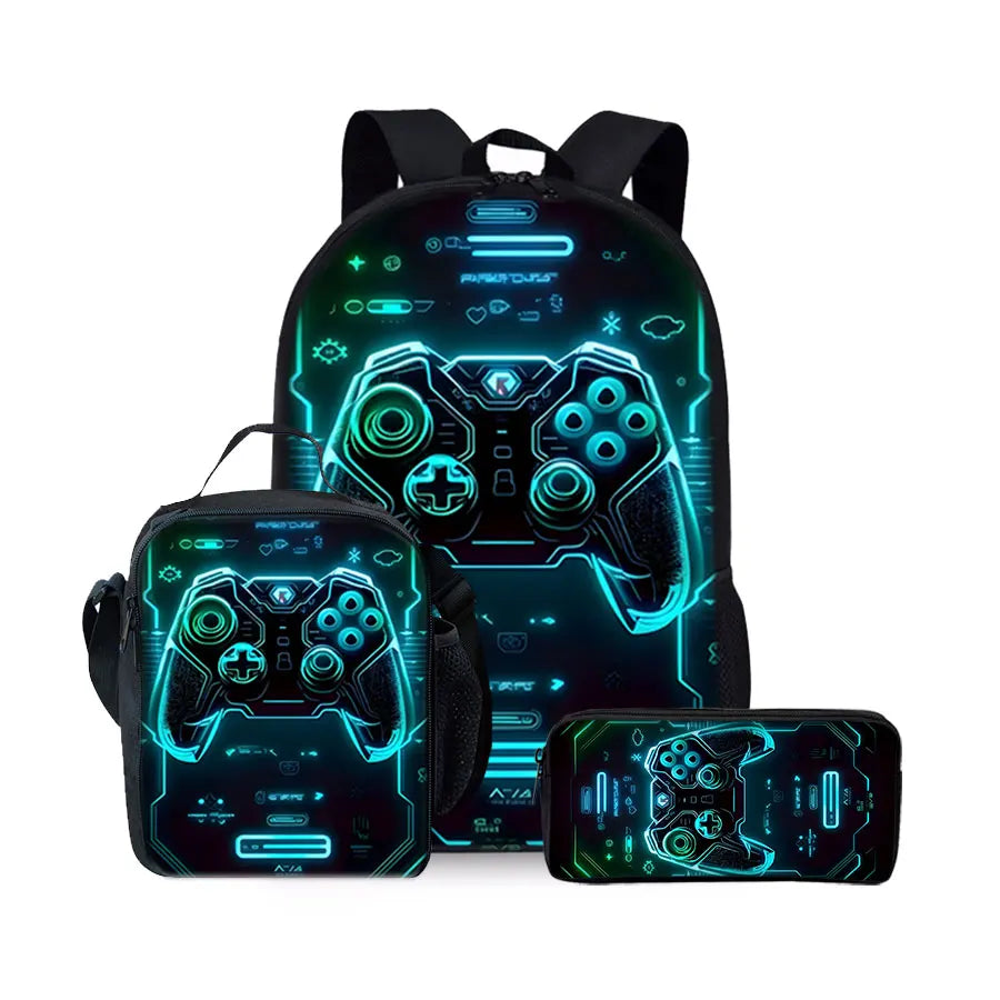 Game Console Pattern Three Piece Set Backpacks for Boy and Girls Best Gifts 2D Flat Cartoon School Backpack for Children