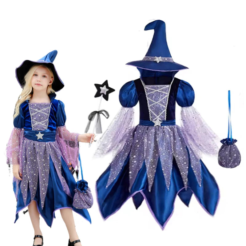 Halloween Party Costumes Witch Dress for Girls Kids Cosplay Carnival Witch Costume Pumpkin Dress Up With Bag Hat Wand Clothing