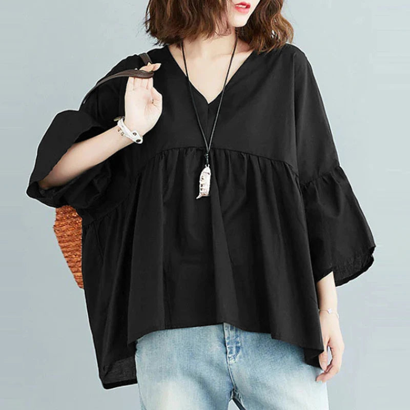 ZANZEA Women Summer Flare Sleeve Tops 2025 Casual Solid Color Blouse Fashion Pleating Tunic V-neck Shirt Loose Blusas Femininas