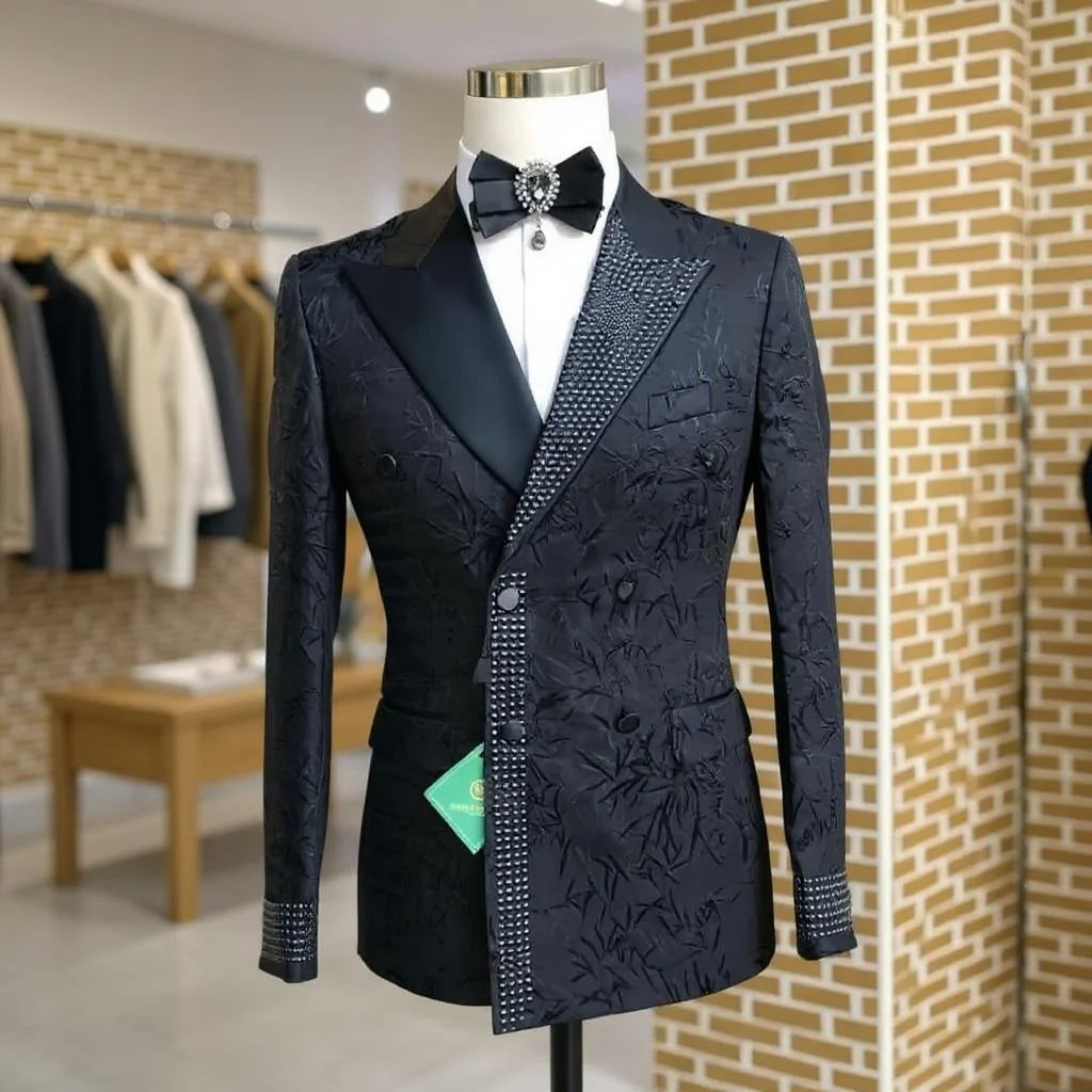 Beaded Floral Men Suits Double Breasted Business Formal Wedding Tuxedos Grooms Party Prom Male Suit Set 2 Pieces Blazer Pants