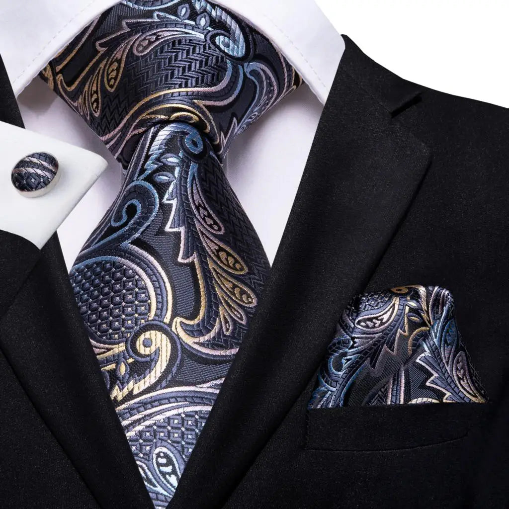 Hi-Tie White Grey Paisley 2026 New Mens Tie Hanky Cufflink Set Necktie For Men Wedding Party Business Men Tie Fashion Brand