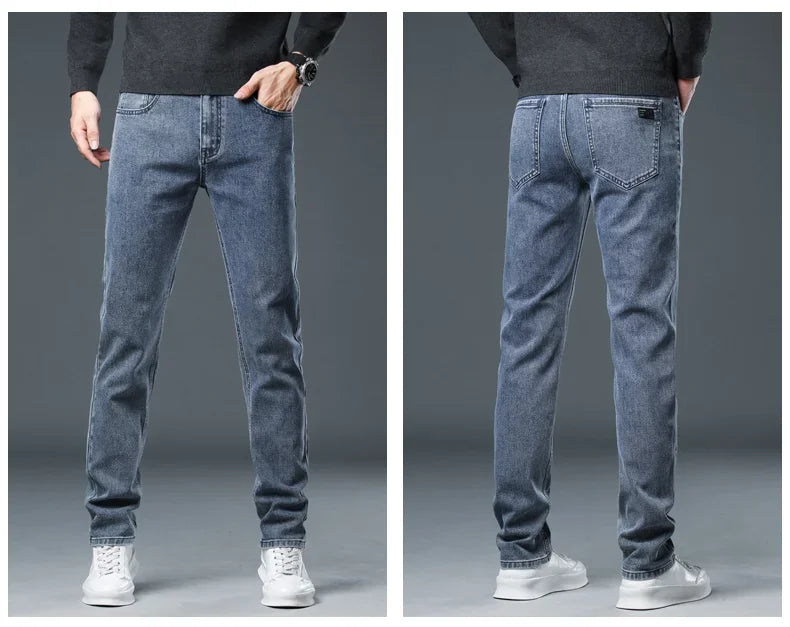 2025 New Autumn Men's Stretch Slim Jeans Straight Leg Casual Denim Trousers Male Business High Quality Classic Blue Gray Black