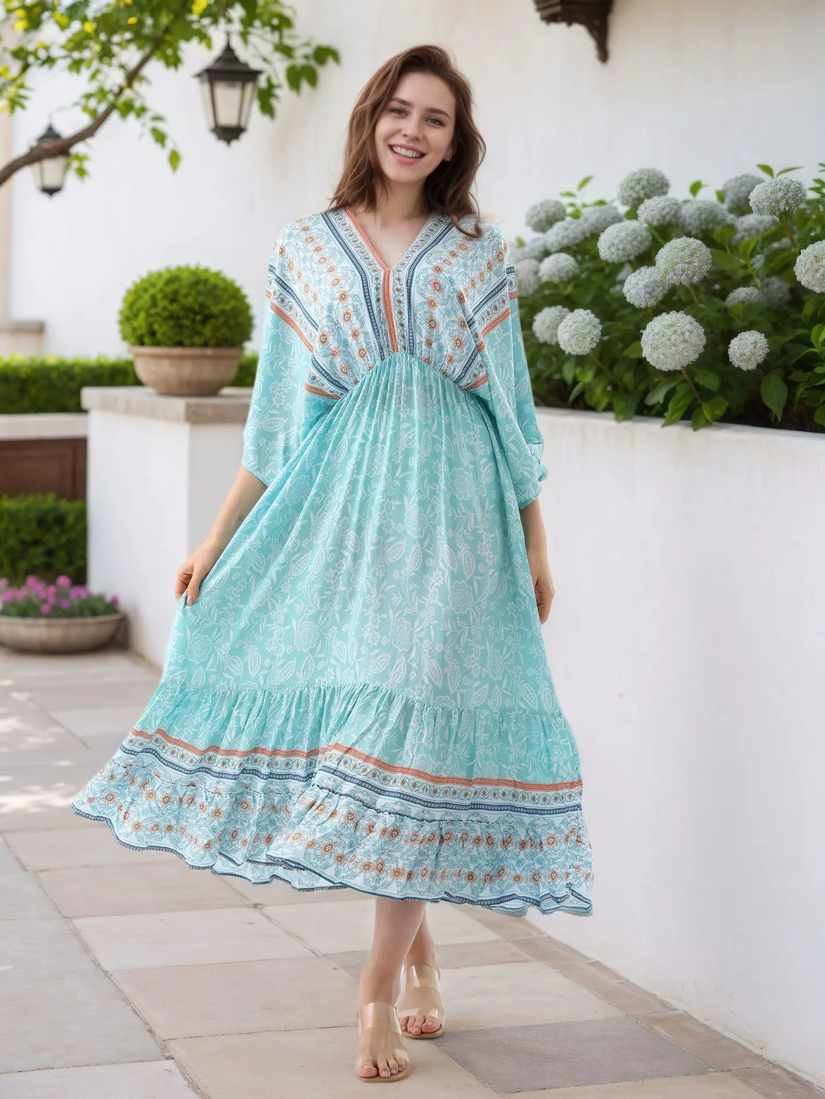 Bohemian Oversize Loose Elastic Waist Maxi Dresses Women Robe Cotton Rayon Floral Printed Long Dress Summer Boho Beach Cover up