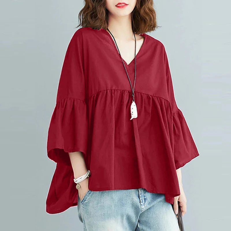 ZANZEA Women Summer Flare Sleeve Tops 2025 Casual Solid Color Blouse Fashion Pleating Tunic V-neck Shirt Loose Blusas Femininas