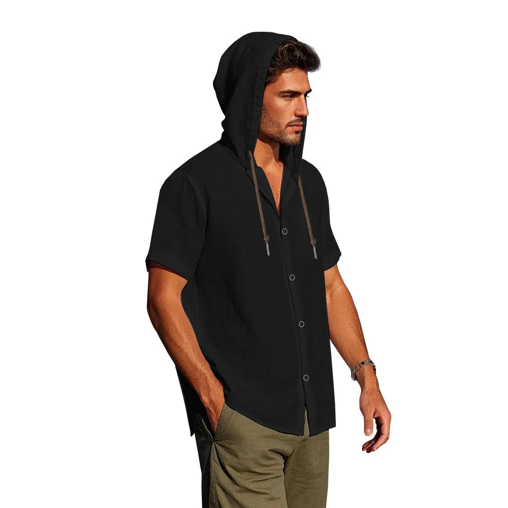 American Summer Men's Thin Breathable Linen Ami Kaji Loose Hooded Short-sleeved Shirt Men