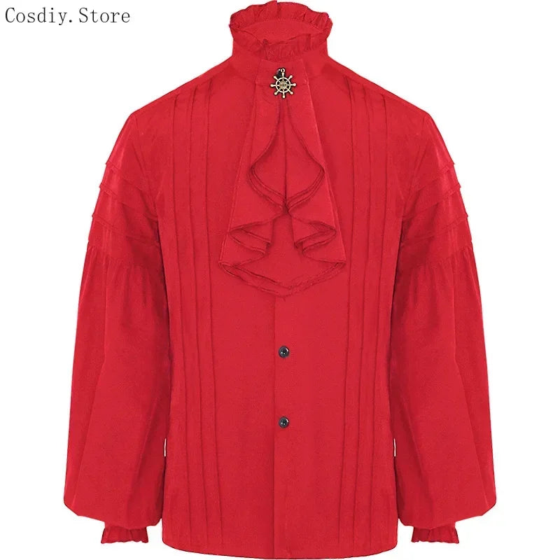 Gothic Punk Shirt Victoria Lace Ruffle Blouse Men's Jabot Tie Tops Long Sleeves Halloween Costume Vintage Tops High Neck Collar
