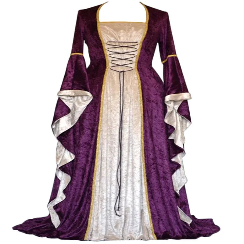 Halloween Women 3XL Plus Size Medieval Retro Court Princress Cosplay Costume Long Dress Elegant Witch Square Collar Masquerade