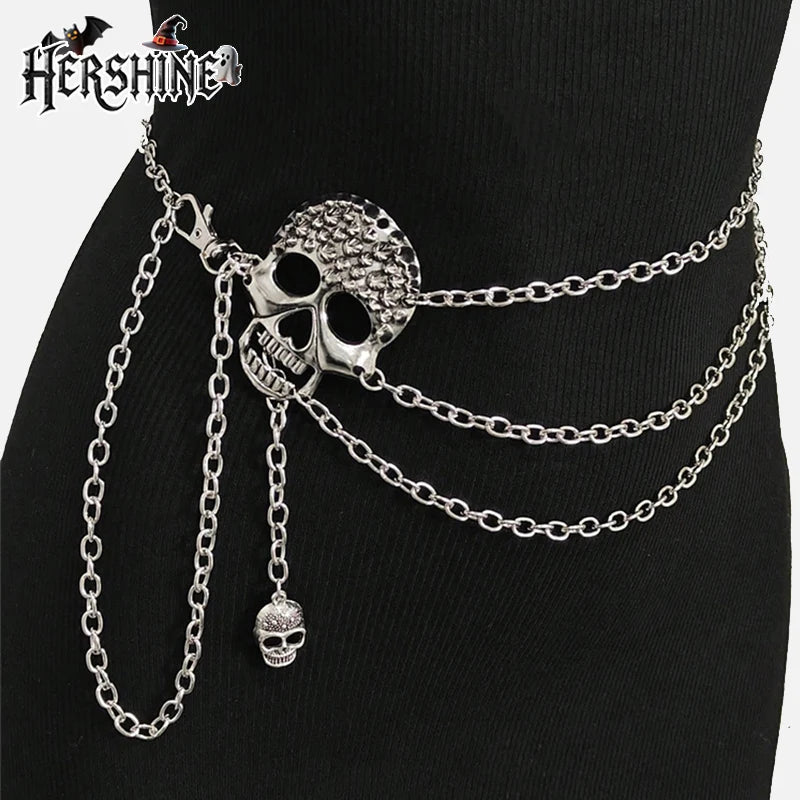 HERSHINE Women's Fashion Silver Skull Multi-Layer Waist Chain, Y2K Gothic Punk Rock Hip Hop Accessory，spring，summer