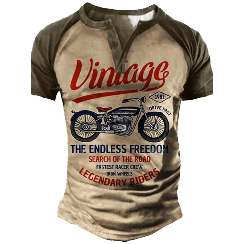 Vintage Henley Shirts Motorcycle 3D Printed Men's Fashion Streetwear Oversized Short Sleeve T-Shirts Men Tees Tops Clothing