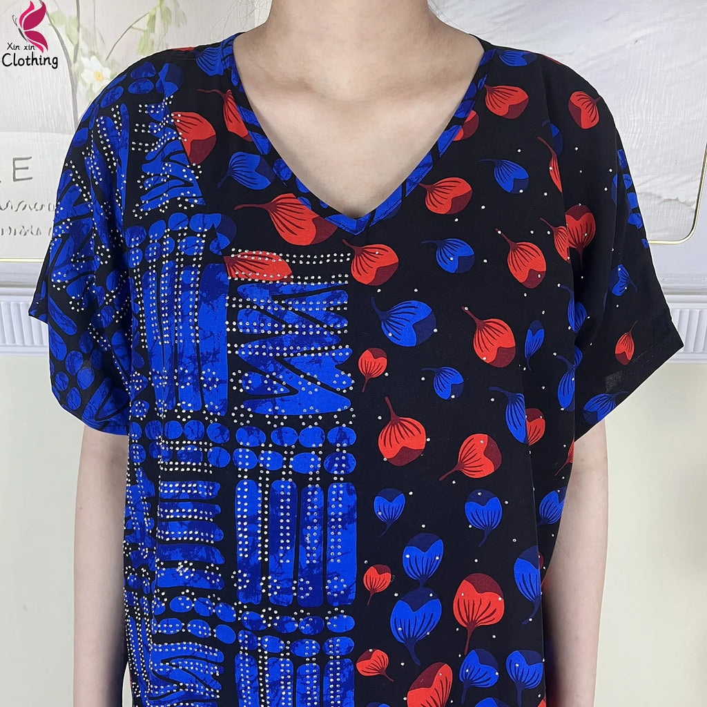 2025 New Summer Abaya Short Sleeve Dress With Big Scarf Printing Floral Loose Dress Islam Kaftan Women African Abaya Clothing