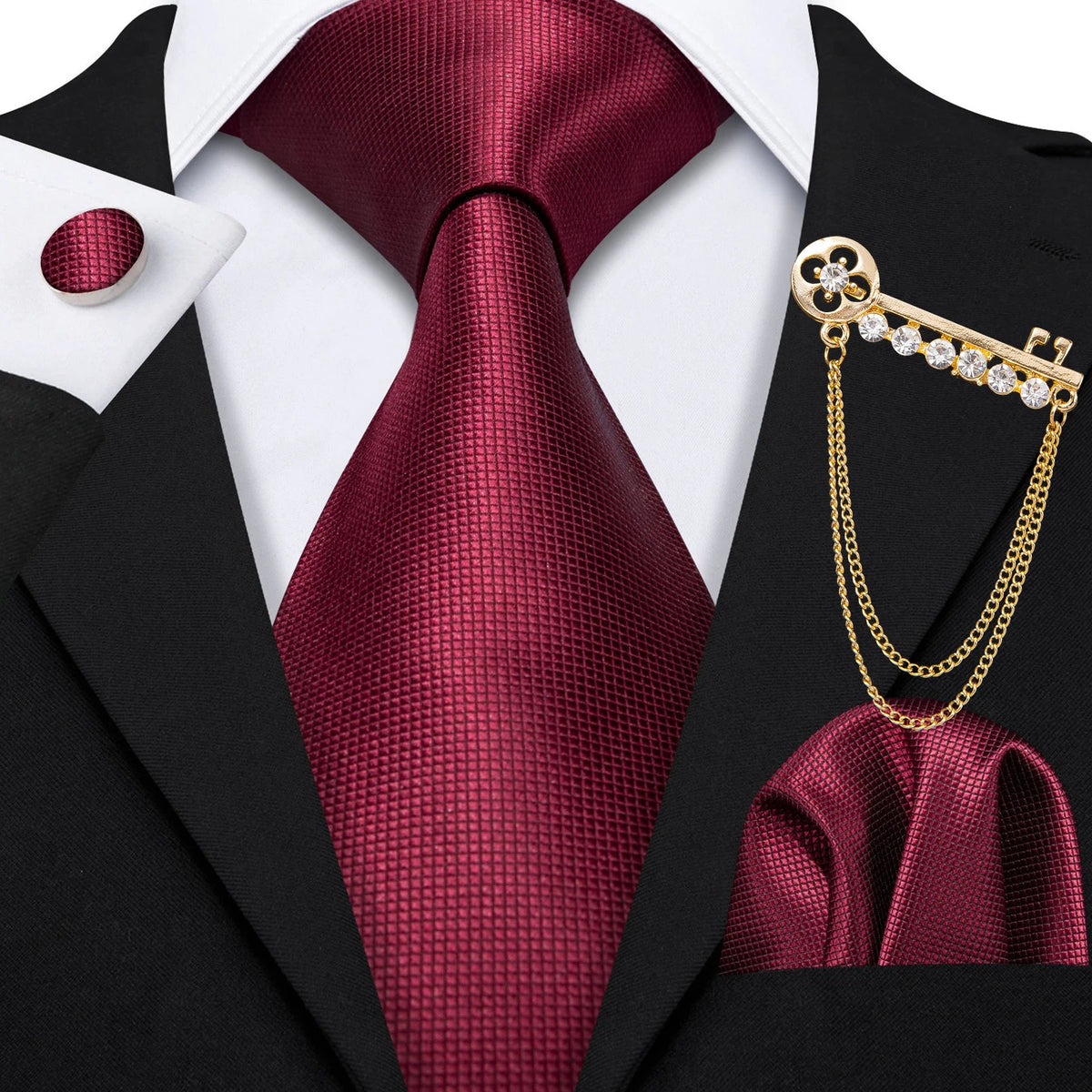 Burgundy Mens Tie Hanky Cufflinks Brooch Set Jacquard Red Wine Maroon Necktie Collar Pin For Male Wedding Events