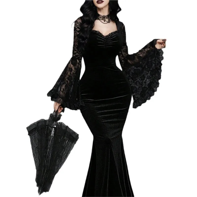 Halloween Gothic Vintage Dress Women Elagnt Lace Patchwork See Through Flare Sleeve High Waist Clubwear Slim Long Dresses Femme