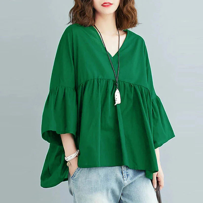 ZANZEA Women Summer Flare Sleeve Tops 2025 Casual Solid Color Blouse Fashion Pleating Tunic V-neck Shirt Loose Blusas Femininas