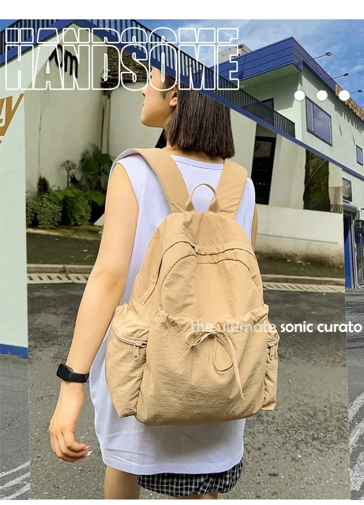 Japanese Style Student Backpack Solid Color Bow Travel School Bag Lightweight and Fashionable Women's Backpack New Simple Casual