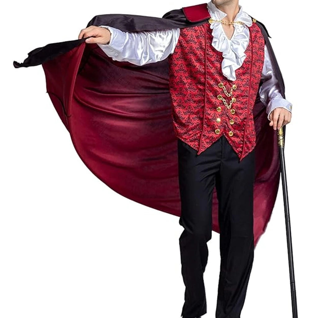 Men Vampire Costumes Long Sleeve Shirts with Attached Vests and Cloak Set for Halloween Cosplay Party Outfits
