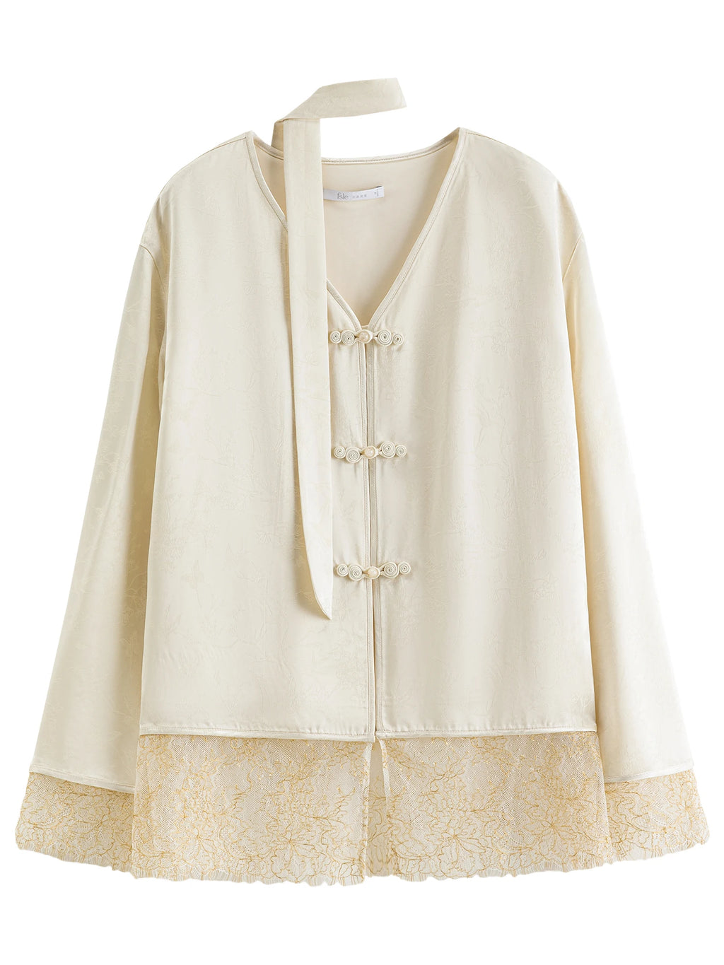 FSLE New Chinese-inspired Women's Satin Jacquard V-Neck Blazer Button Closure Acetate Fabric Sash Blouse Spring 2026 New Arrival