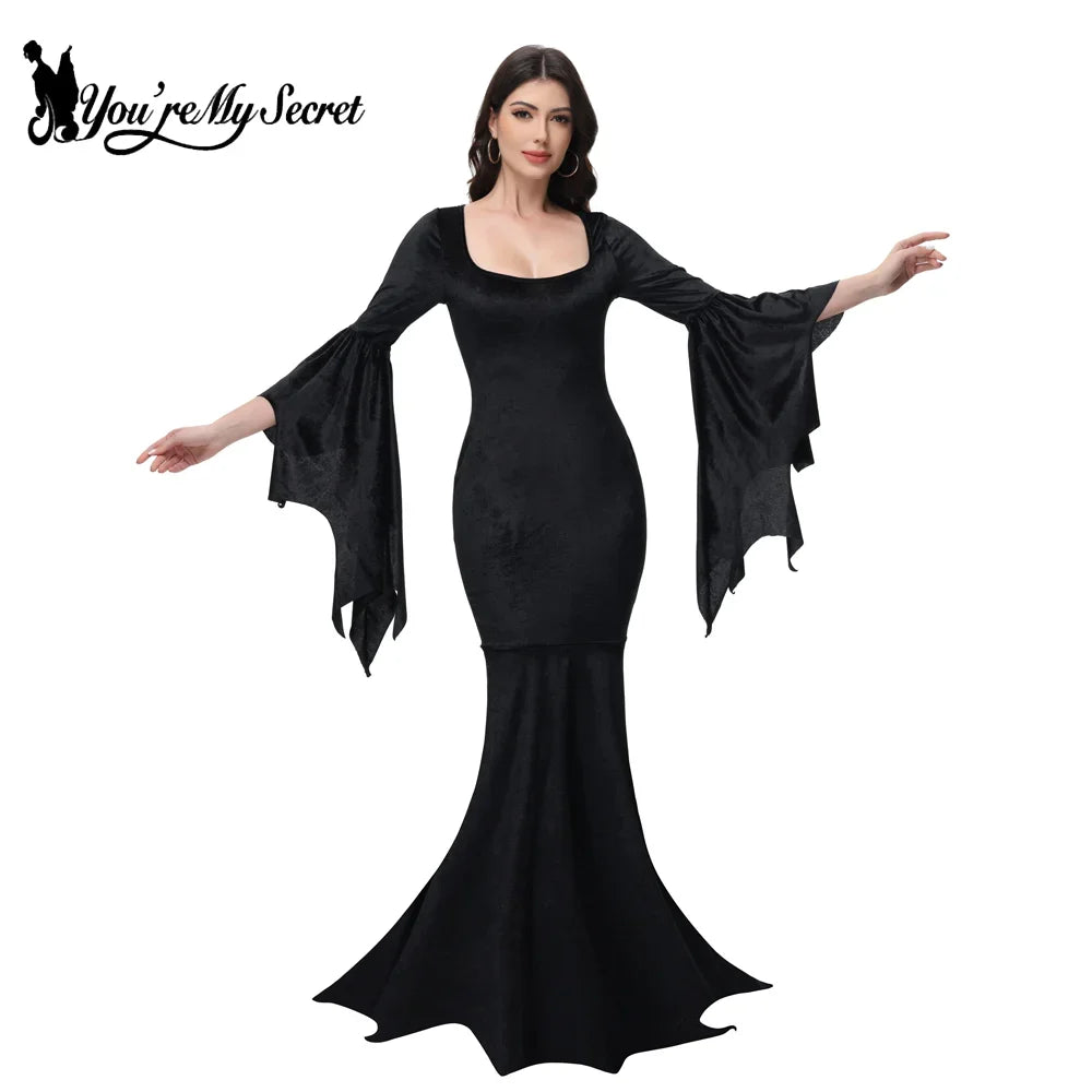 [You're My Secret] Halloween Morticia Adams Primate Black Family Dress Gothic Fishtail Dress Flared Sleeve Bodycon Vestido