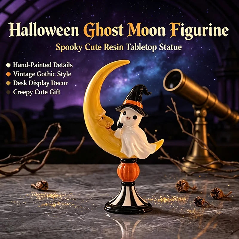 Halloween Ghost Witch Hat On Crescent Moon Resin Figurine Spooky Cute Tabletop Statue Autumn Pumpkin Home Party Decor Ornament