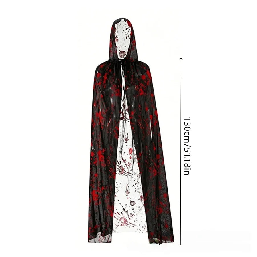Halloween Blood Splatter Hooded Cloak Black White Blood Handprint Cape Horror Cosplay Costume Ghost Vampire Robe Party Outfit