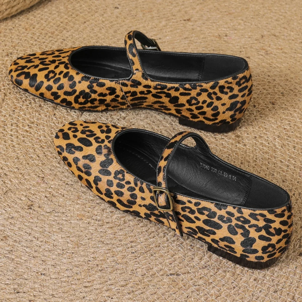 Plus size 34-43 women's leopard horsehair slip-on Mary Jane flats round toe casual female slim daily ballerinas shoes for woman