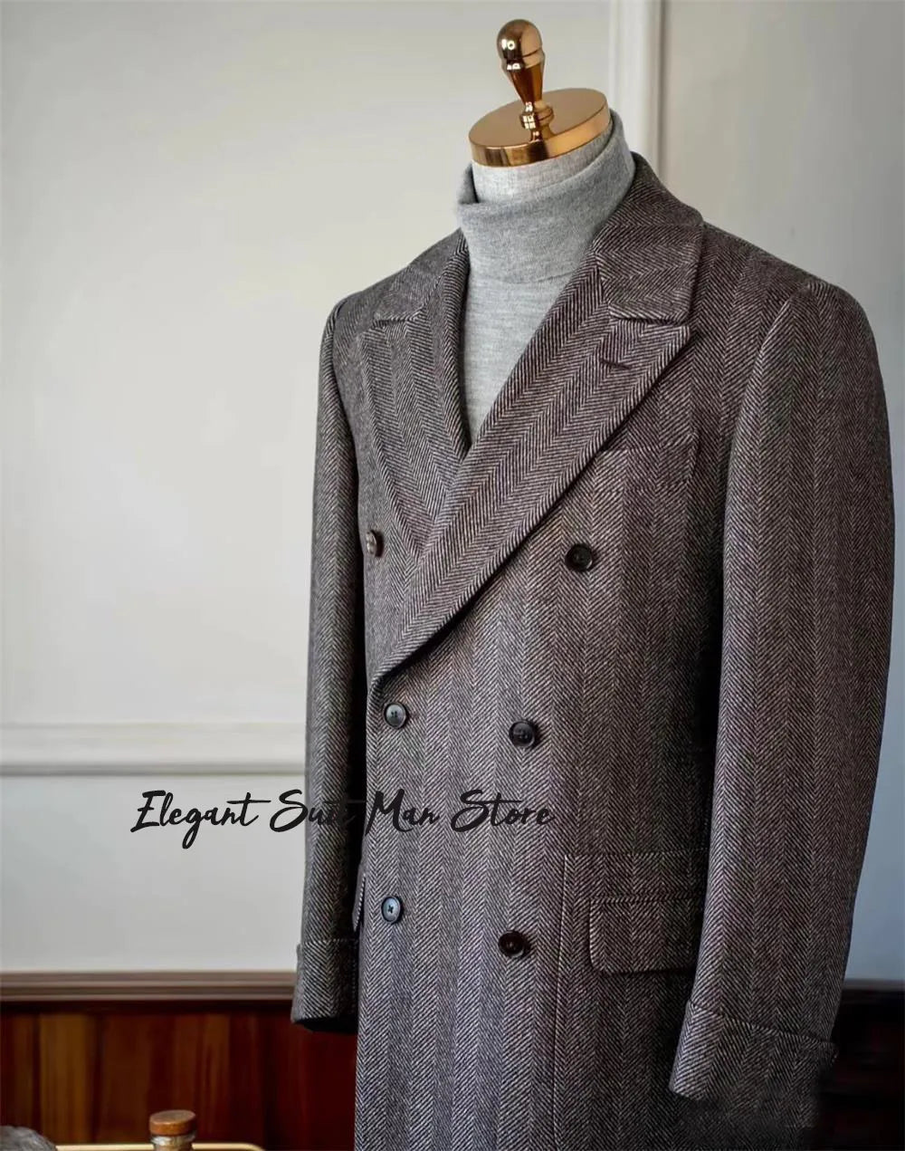 Italian herringbone wool men's long business coat Autumn winter Double breasted classic suits Long coats