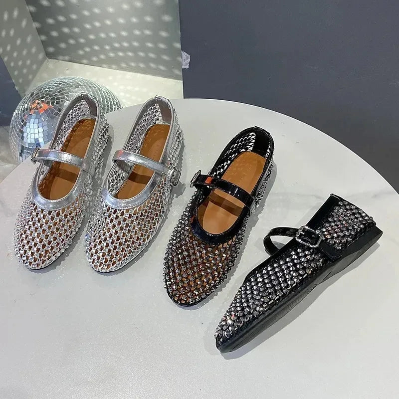 Luxury Crystal Rhinestone Fishnet Ballet Flats Woman Brand Design Rivet Mesh Mary Jane Shoes Ladies Summer Loafers Plus Size 42