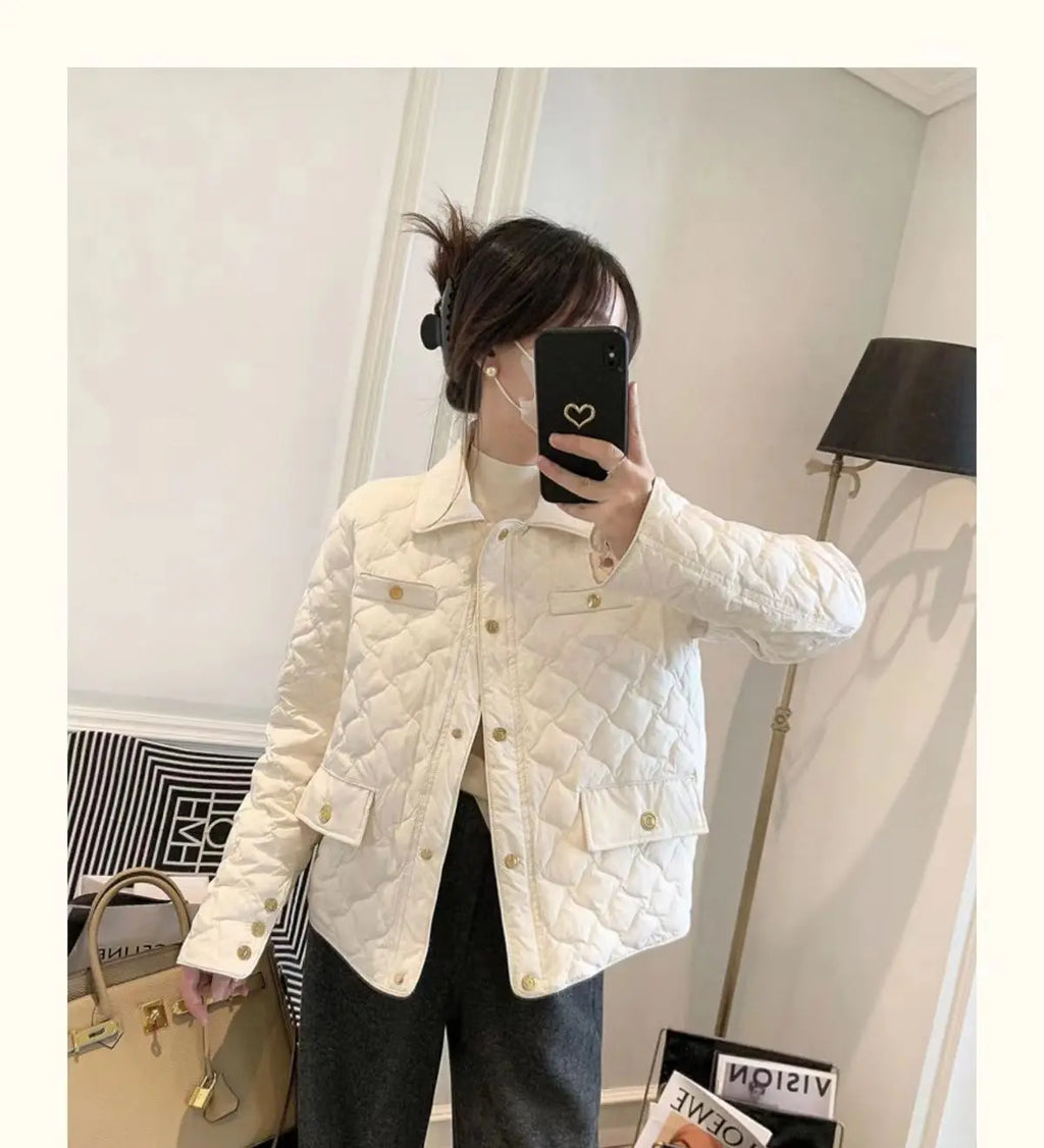 Down Cotton Jacket Women's 2025 Autumn Winter New Light And Thin European High-End sense Niche Rhombus Down Cotton Jacket Parka