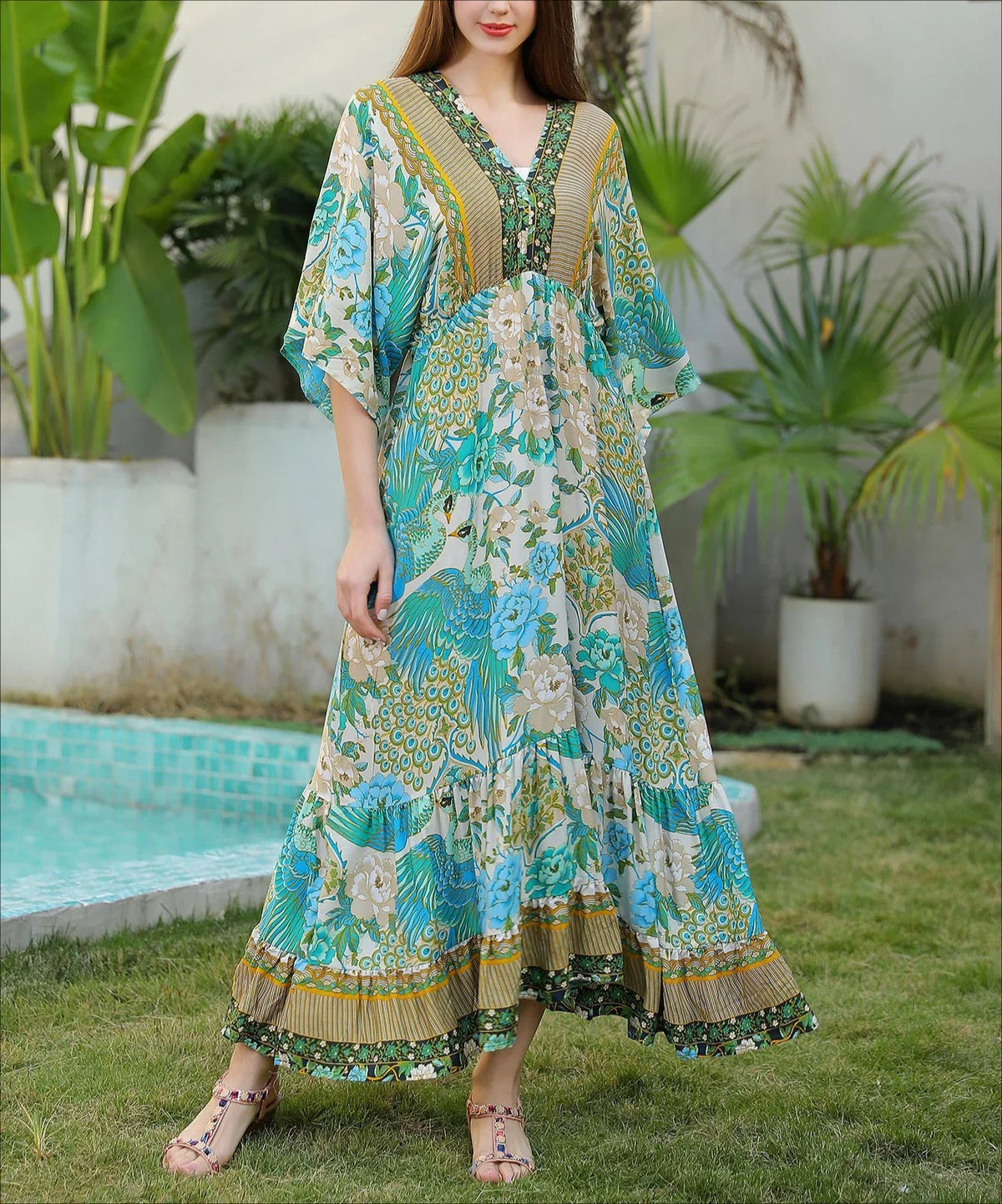 Bohemian Oversize Loose Elastic Waist Maxi Dresses Women Robe Cotton Rayon Floral Printed Long Dress Summer Boho Beach Cover up