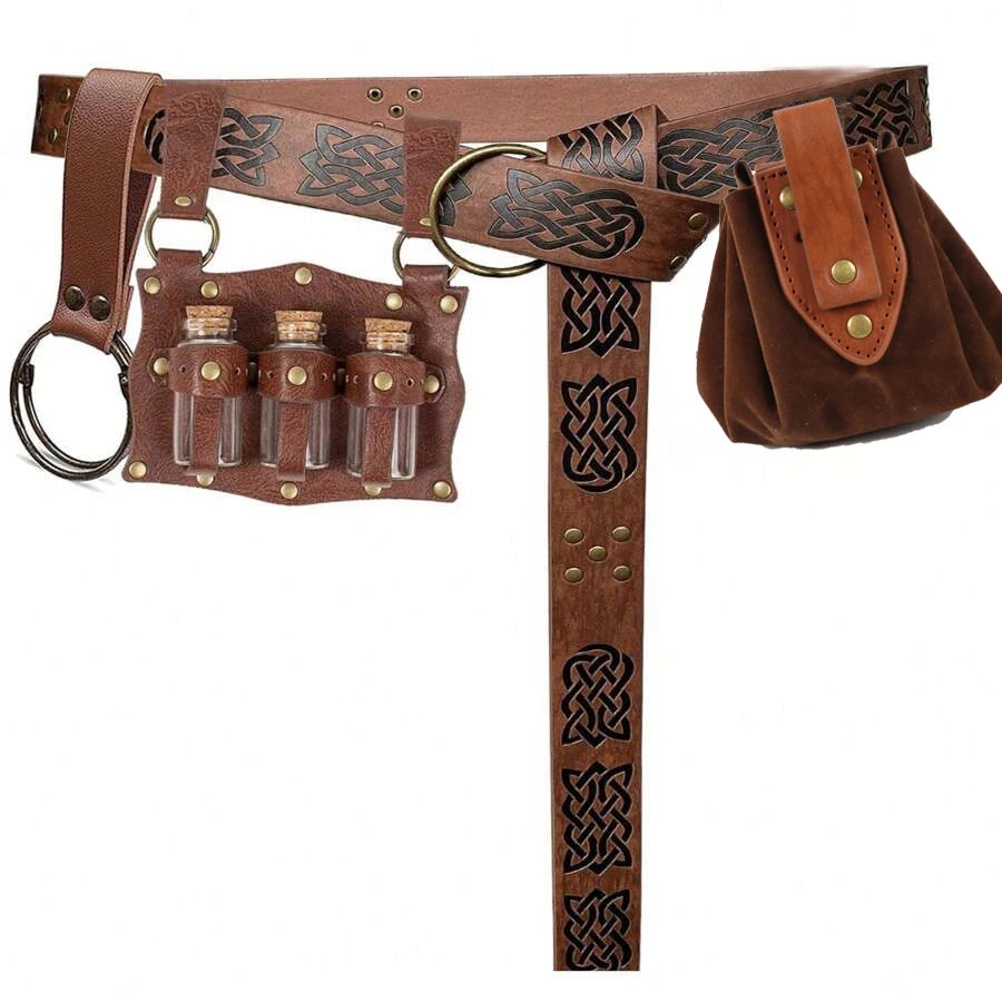 7PCS Medieval Belt Renaissance Punk Cork Dark Three Potions Glass Magic Bottle Waist Bag Halloween Cosplay Costume Belt Props